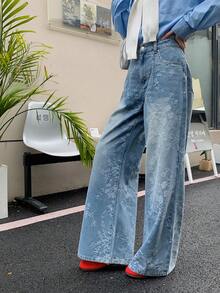 DAZY Quần jeans nữ ống rộng dáng suông in hoa kiểu Hàn Quốc, màu ombre, giặt mài. - Màu xanh lam - Xem 10