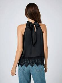 Maija Women's Black Halter Neck Lace Patchwork Tie-Up Camisole Black Top Women Blouses Black Party Top Lace Trim Top Valentine's Day Elegant Women's Blouses Vacation Outfits Women Spring To Summer - Black - View 6