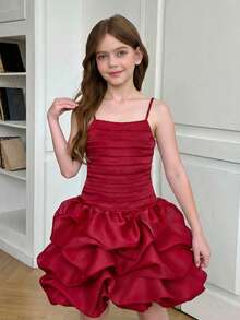 SHEIN Đầm ngắn organza dáng suông, thanh lịch, ôm sát, xếp ly, viền gấu phồng, thích hợp cho bé gái tuổi teen, phù hợp cho Ngày Valentine, mùa hè, lễ tốt nghiệp, đám cưới, tiệc tùng, sự kiện. - Đỏ - Xem 3