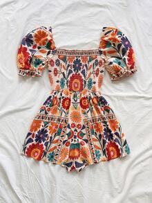 Soleia 女士绿白印花方领泡泡袖收腰阔腿连体裤，度假款 - 彩色 - 查看 2