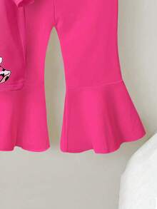 一套女婴可爱兔耳豹纹爱心图案圆领短袖T恤和针织喇叭裤套装 - 彩色 - 查看 4