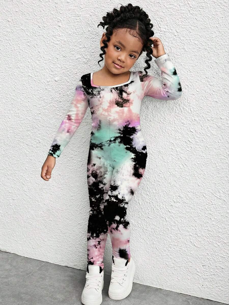 SHEIN Young Girls' Black Tie-Dye Street Style Elastic Knit Crew Neck Long Sleeve Jumpsuit,Snug Fit Matching Sister Set White Summer Casual Daily Wear Outfit - Black - View 1