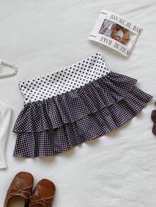 Comfortcana 女士波点印花层叠荷叶边下摆时尚迷你裙 - 棕色 - 查看 4