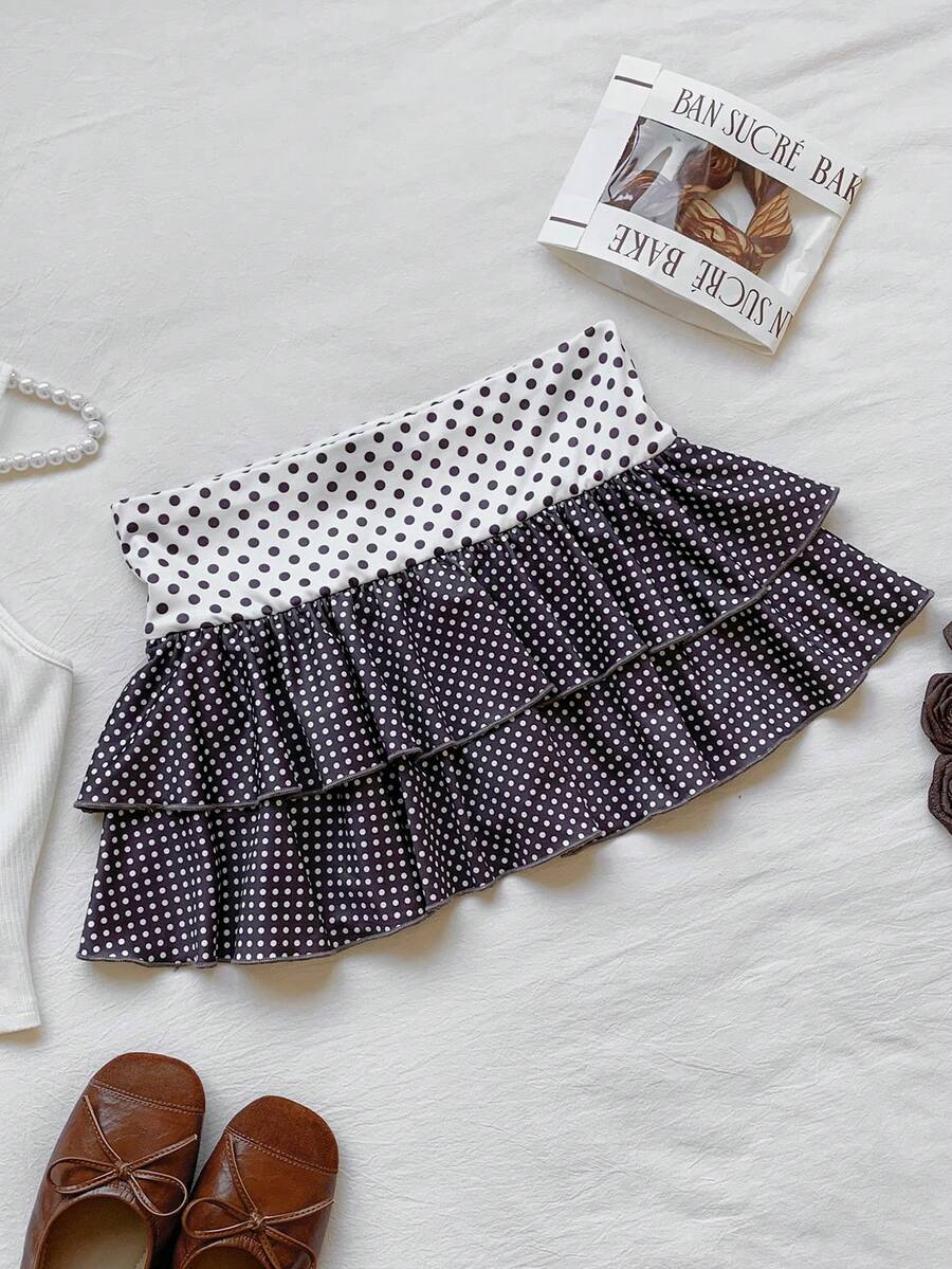 Comfortcana 女士波点印花层叠荷叶边下摆时尚迷你裙 - 棕色 - 查看 1