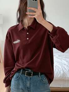 DAZY Women's Long Sleeve Polo Neck Letter Print T-Shirt, Autumn Preppy Tops,Fall Women Clothes - Burgundy - View 6