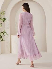 Veilorie Vestido elegante de estilo árabe con mangas acampanadas y ribete de volantes en unicolor para mujer - Rosa vieja - Ver 3
