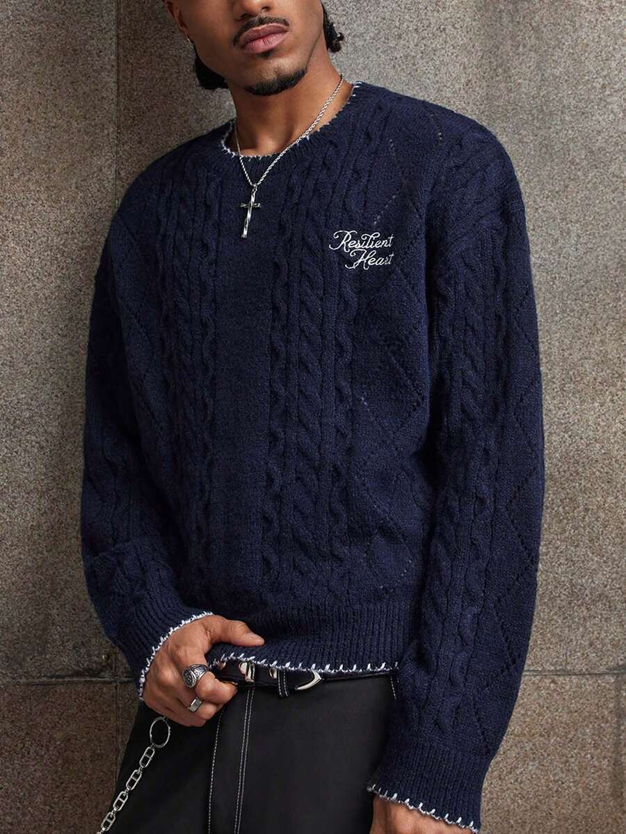 AXEPEAK 男士秋冬字母刺绣麻花针织落肩毛衣