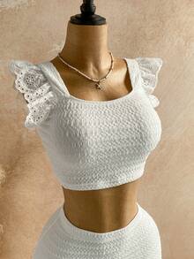 Soleia Spring/Summer New Casual Vacation Western Beach Wedding Guest Attire Graduation Brunch Women's Outfit, St. Patrick's Day Spring Break Easter Music Festival Elegant Boho Tropical Chic Knit Texture, Valentine's Day Date Party 2pcs Set - White - View 3