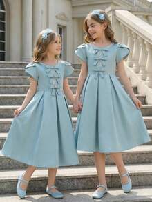 SHEIN Dusty Pink Girls Everyday Casual Dress Round Neck Puff Short Sleeve Zipper Midi A Line For Church And Special Occasions Dusty Blue Dress Girls Blue Dresses For Girls Bow Deco Mint Dress - Dusty Pink - View 5