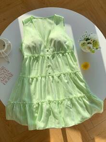 Comfortcana Women's Plaid V-Neck Button Design Frill Trim Sleeveless Mini Dress - Green - View 3