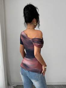 Elenzga Women's Elegant Romantic Asymmetric-Shoulder T-Shirt - Multicolor - View 2