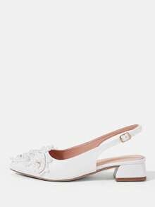 CUCCOO HITCHD 25厘米春夏新款浪漫优雅尖头珍珠装饰中跟白色露趾高跟鞋，新娘婚鞋