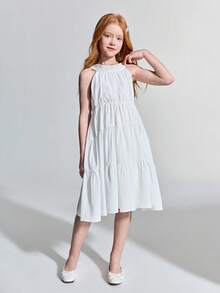Maija Kids Maija Kids 少女款白色编织超大蝴蝶结撞色圆领无袖宽松休闲连衣裙 - 白色 - 查看 6