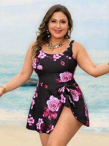 Swim Lushoire Bộ bikini tankini buộc dây phía trước 2 món in họa tiết ngẫu nhiên dành cho nữ cỡ lớn. - màu đen - Xem 3