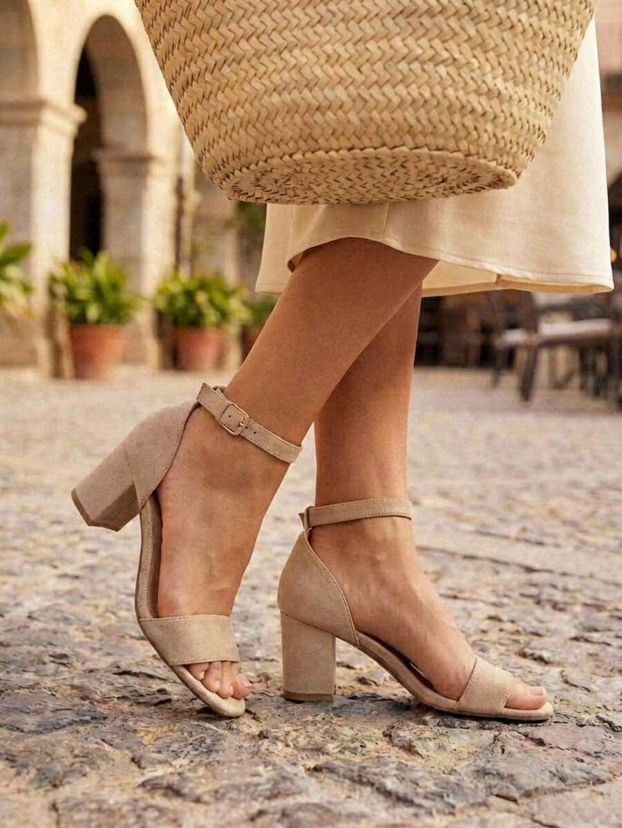 Sandalias De Tacón Grueso Simple Y Elegante Para Mujeres Con Correa De Tobillo - Gamuza Beige - Ver 1