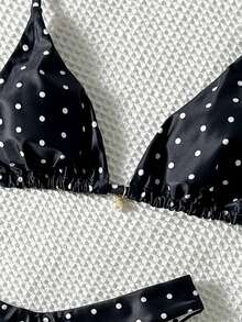 Swim Mod 3pcs/Set Women's Random Black & White Polka Dot Print Halter High Cut Bikini Set, Spring/Summer - Multicolor - View 4