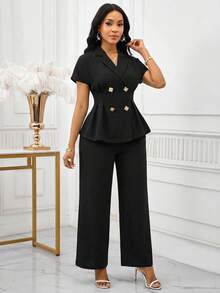 SHEIN Lady 女士纯色翻领双排扣短袖上衣和阔腿裤优雅两件套 - 黑色 - 查看 6