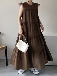 FRIFUL Gaun Wanita Kasual Longgar Warna Polos dengan Rok Mengembang, Serbaguna untuk Musim Semi dan Musim Panas. - Coffee Brown - View 8