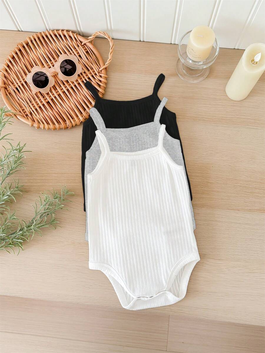 SHEIN LMoss Kids LMoss 3pcs/Set Newborn Baby Girl Cute White Knit Strap Romper Set For Summer Baby Summer Romper Toddler Romper Girl Breathable Cami Baby Clothing - Multicolor - View 1