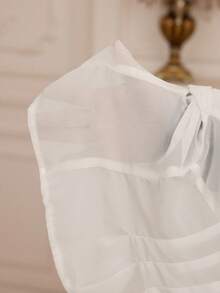 Modelyn Women's French Elegant Contrast Lace V-Neck Button Down Pleated Waist Puff Sleeve Blouse - White - View 8