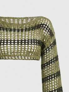 GlowEve 女士夏季度假撞色条纹镂空短款针织毛衣 - 軍綠色 - 查看 3