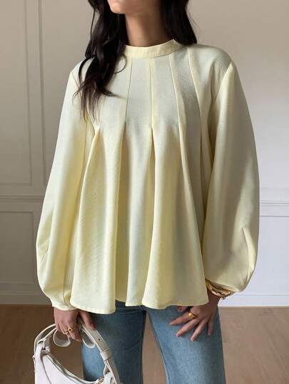 Veilorie Women's Casual Commuter Solid Color Lantern Sleeve Shirt