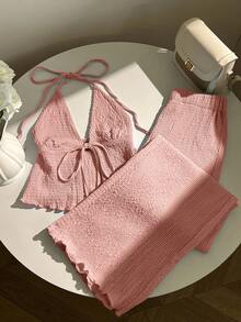 Elamini 女士纹理褶皱吊带背心和宽松阔腿裤套装 - 粉色 - 查看 4