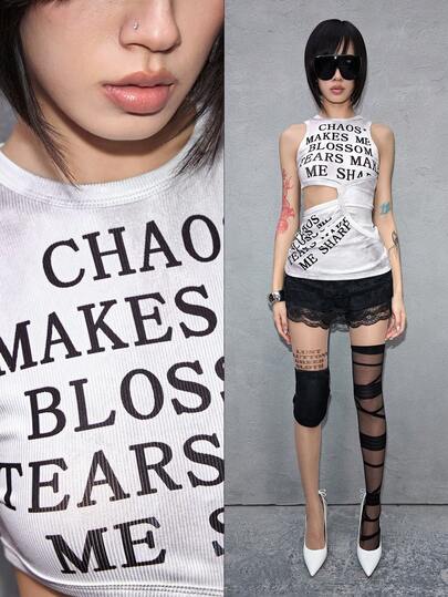 ROMWE Avant Fashionable Hollow Slogan English Print Women Tank Top