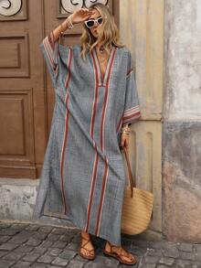 Brillora Women's Loose Maxi Slit Digital Print Dress - Blue - View 3