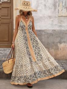 Brillora Đầm hở lưng cổ yếm in hoa điều dành cho nữ, thích hợp cho kỳ nghỉ. - Màu Khaki - Xem 3