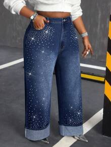 Slaydiva Plus Size Women High Waist Pockets Rhinestone Embellished Wide Leg Loose Casual Jeans Bling Jeans Pearl Jeans Star Pants Rhinestone Denim Embellished Jeans Black Jeans - Dark Wash - View 6