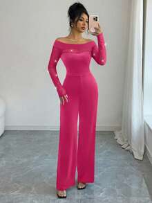 Elenzga Bộ jumpsuit công sở thanh lịch, thoải mái với thiết kế trễ vai phối lưới, điểm nhấn ngọc trai, eo ôm sát, phù hợp cho mùa thu/đông. - Hồng - Xem 6