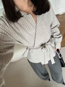 DAZY 女士休闲条纹领带常规款外套，春夏款 - 杏色 - 查看 7