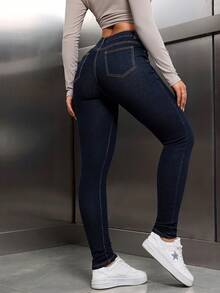 SHEIN Tall Jeans casuales y versátiles de cintura alta con bolsillos para mujer - Azul lavado oscuro - Ver 2