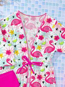 SHEIN 3pcs/Set Cute Cartoon Print Young Girl Swimsuit, Fashionable Casual Elegant Lively Swimwear Suitable For Swimming, Vacation, Summer - Multicolor - View 5