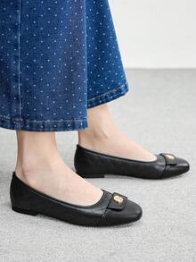 CUCCOO BIZCHIC 女士菱形拼接金属方头平底低跟复古黑色套脚鞋，适合日常通勤、工作、购物、约会及多种场合穿着 - 黑色 - 查看 5