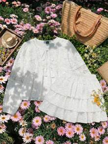 SHEIN 1pc Teen GirlElastic Waist Jacquard 3-Layer Cake Skirt, Pleated Mini Skirt, Spring/Autumn - White - View 9