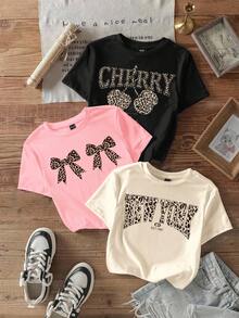 SHEIN EZwear 3件套休闲简约豹纹图案圆领短袖修身露脐女式T恤 - 彩色 - 查看 2