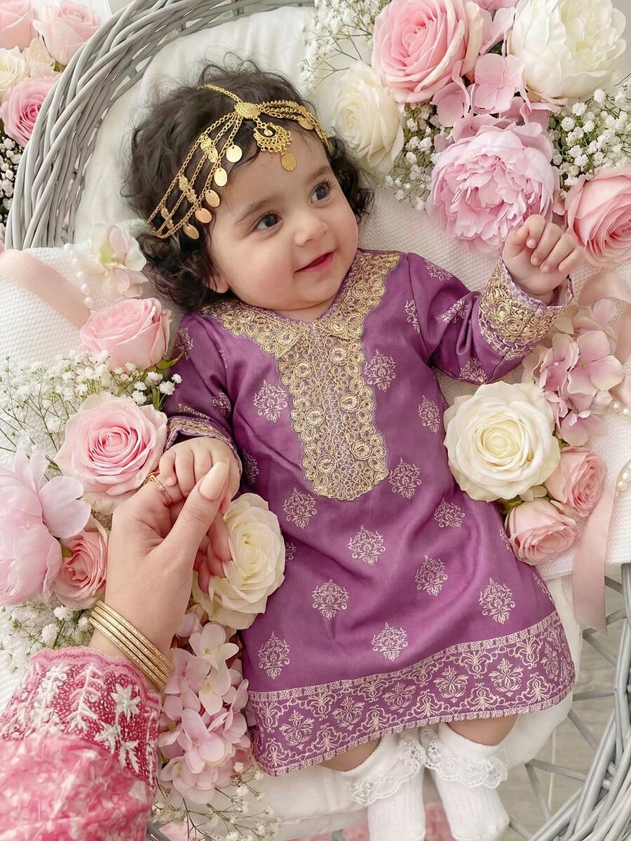 SHEIN 1-Pack Newborn Cute And Versatile Long-Sleeved Dress With Full Floral Print, Decoration, Suitable For Girls' Daily Wear, Festivals, Family Gatherings And Special Occasions, Birthday Parties, Evening Parties, Performances, Weddings, Baptisms, Opening Ceremonies, Indoors, Outdoors, Sports, Playing, Parties, Photo Shoots, Vacations, Suitable For Spring, Autumn And Winter Seasons - Multicolor - View 1