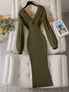 Franclia V-Neck Long Sleeve Ribbed Casual Long Knit Sweater Dress - Green - View 2