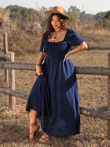 Ceyna Navy Blue Plus Size Boho Off Shoulder Summer Dress For Women,Shirred Square Neck Half Puff Sleeve A Line Flared Hem Holiday Vacation Picnic - Blue - View 6