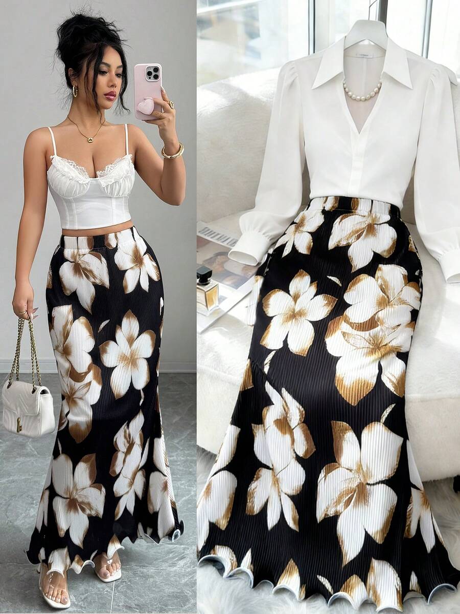 Elenzga Chân váy đuôi cá xếp ly cạp cao bằng vải satin in hoa thanh lịch, thời trang và sang trọng cho các dịp xuân/hè. - Nhiều màu - Xem 1