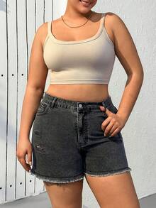 SHEIN 100%Cotton Back Label Detailed Short With Destroy - Black - View 4