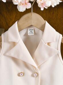 SHEIN Baby Girl Cute Apricot Blazer Collar Vest & Elastic Waist Pants Set, Summer - Apricot - View 3