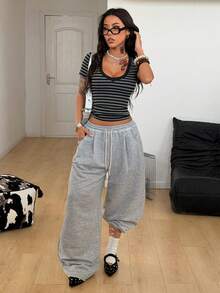 Coolane Áo thun nữ mùa xuân phong cách đường phố, lễ hội âm nhạc, thường ngày, vintage, punk, cơ bản, kẻ sọc, co giãn, thoải mái, màu đen, dáng ôm. - màu đen - Xem 3