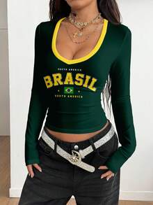 Coolane 女士Y2K街头风圆领T恤，绿色撞色英文字母和巴西国旗印花，适合外出、街头风、机场休闲、时尚、Y2K风格 - 彩色 - 查看 3