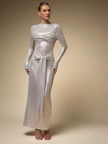Hauture Shiny Long Sleeve Round Neck Wrap Bust Bodycon Dress For Women - Silver - View 4