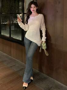 DAZY Áo thun nữ cổ tròn, màu trơn, buộc dây, kiểu Hàn Quốc, thích hợp cho mùa xuân/hè. - Màu be - Xem 7