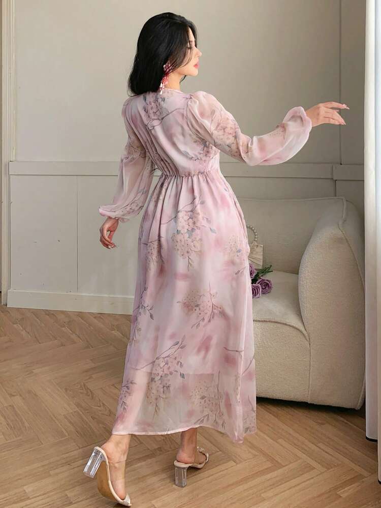 Women's Elegant Floral Print V-Neck Tie Waist Puff Sleeve Dress, Spring/Summer Wedding Guest Dress Sundress