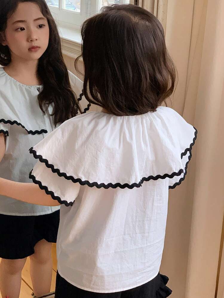 Young Girls Contrast Color Ruffle Trim Casual Korean Style Short Sleeve Shirt, Spring/Summer